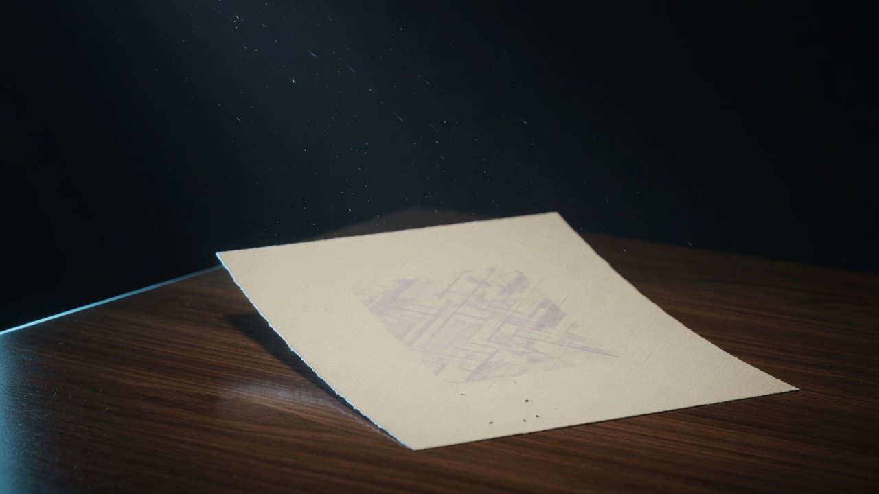 Ivory client brief on a dark wood table in a night archive.