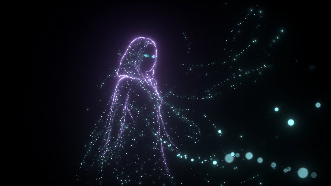 Violet ghost figure formed from cyan search-signal points in a black void.